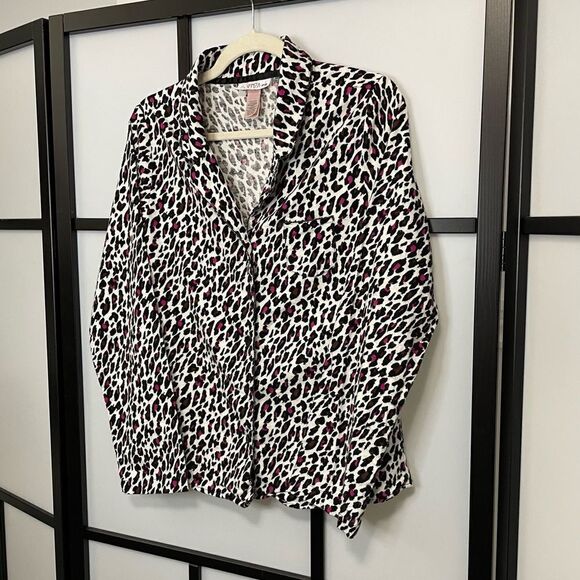[M] La Senza Pink, White & Black Leopard Print Flannel Button Down Sleep Shirt - Picture 1 of 13